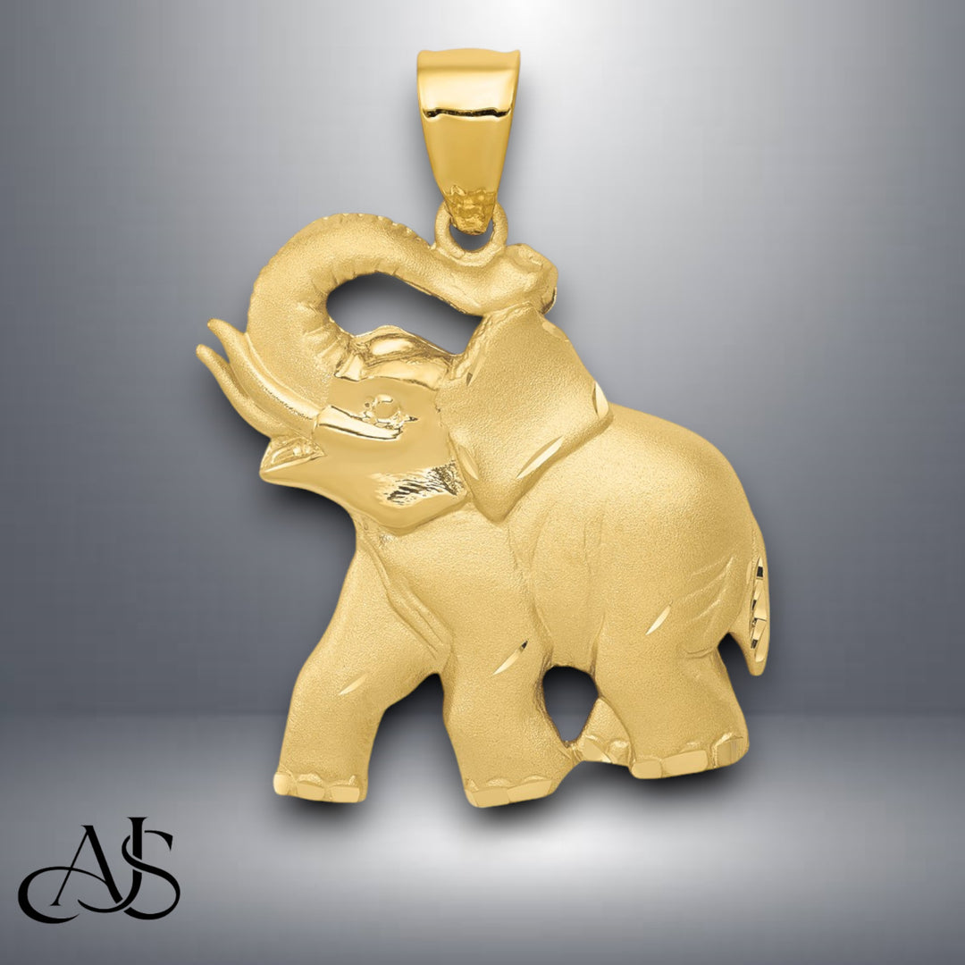 14K Yellow Gold Solid Satin Diamond-cut Open-Backed Elephant Pendant with Necklace Chain Options