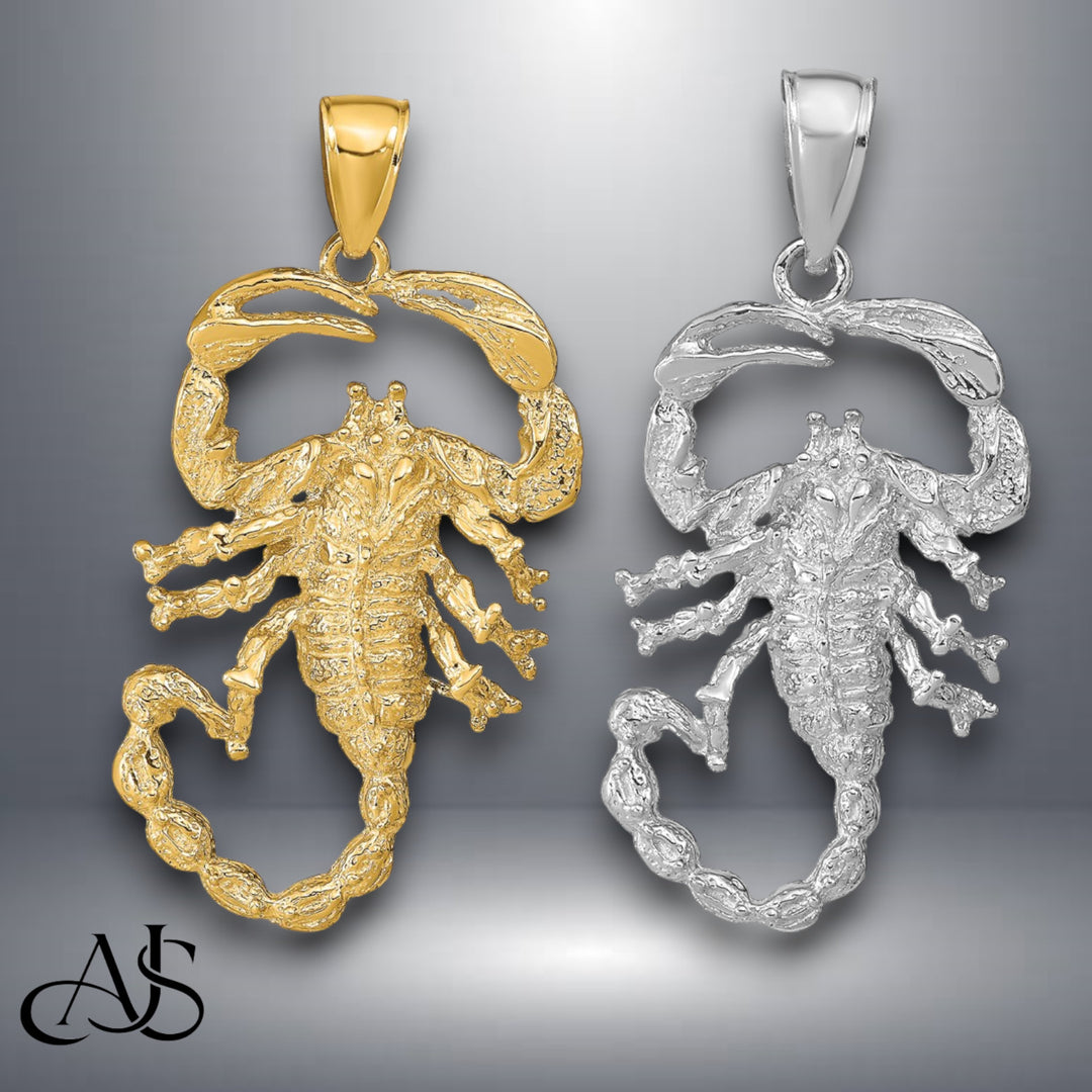 14K Yellow Gold or White Gold Solid Polished Open-Backed Scorpion Pendant with Necklace Chain Options