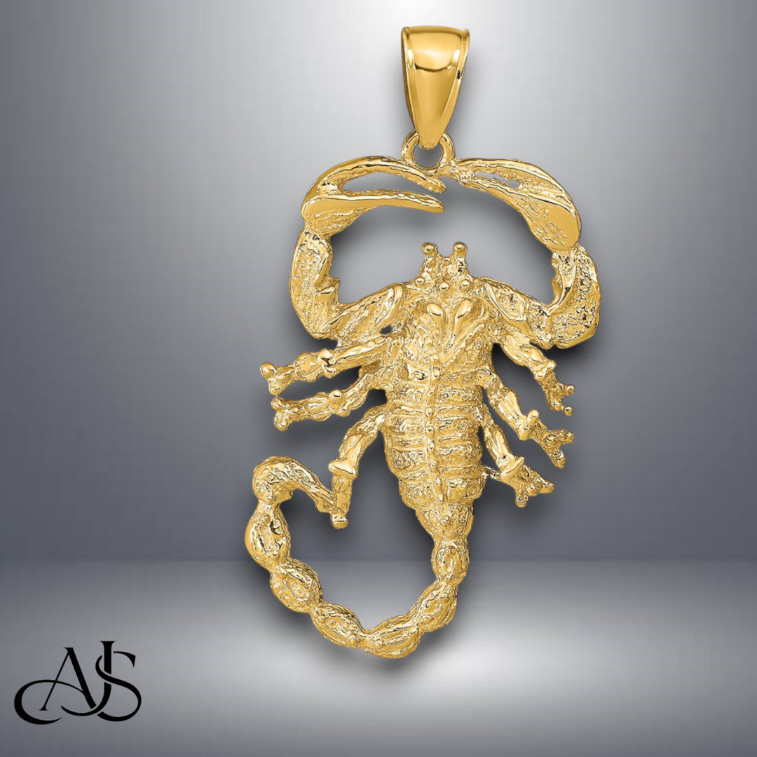 14K Yellow Gold or White Gold Solid Polished Open-Backed Scorpion Pendant with Necklace Chain Options