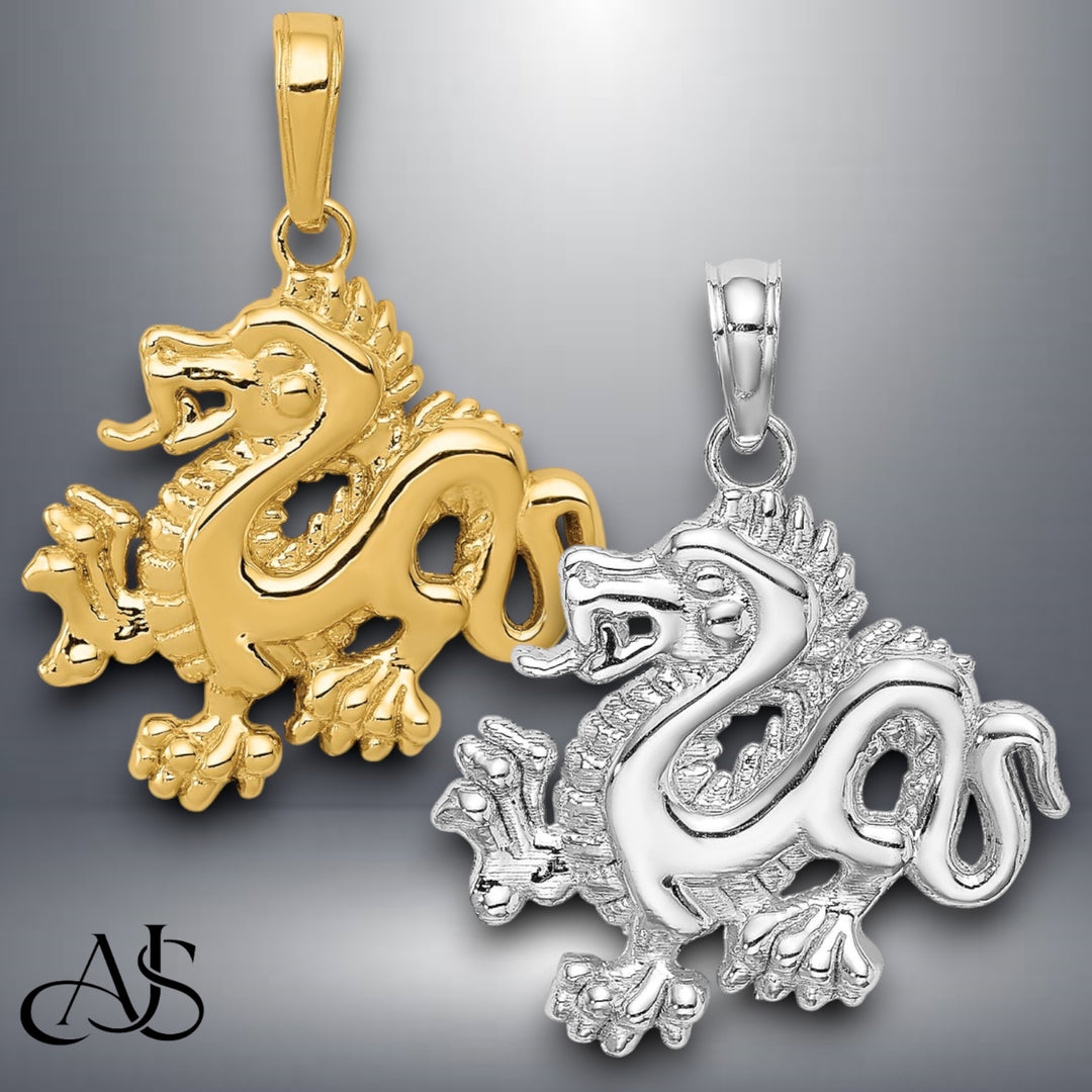 14K Yellow Gold or White Gold Solid Polished Dragon Pendant with Necklace Chain Options