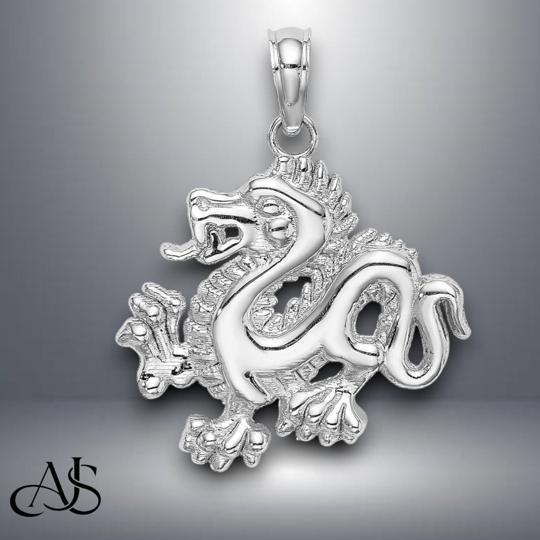 14K Yellow Gold or White Gold Solid Polished Dragon Pendant with Necklace Chain Options