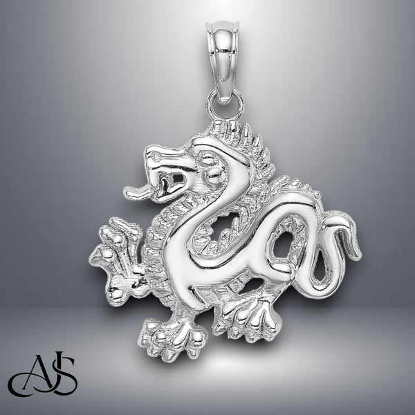 14K Yellow Gold or White Gold Solid Polished Dragon Pendant with Necklace Chain Options