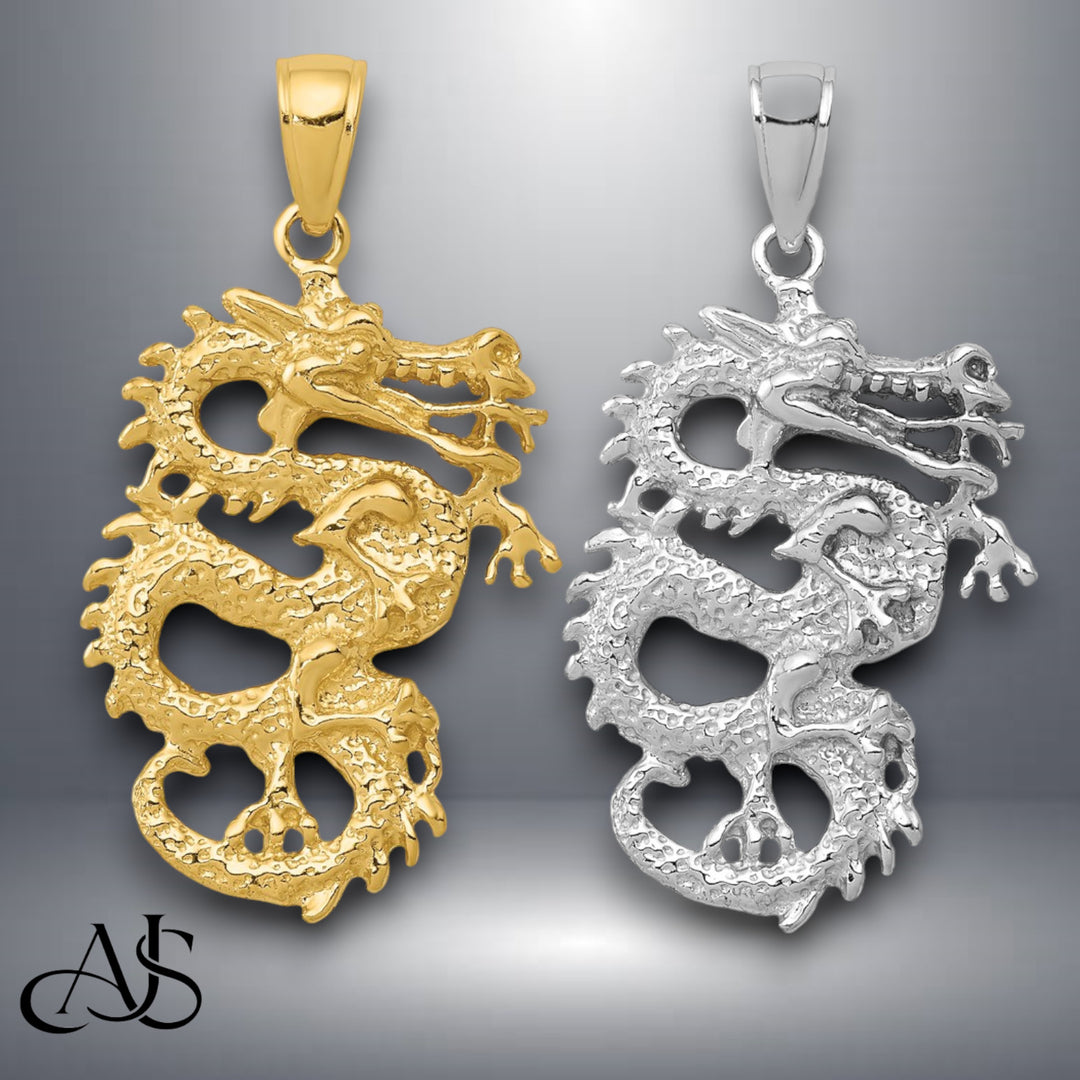14K Yellow Gold or White Gold Solid 3-D Dragon Pendant with Necklace Chain Options