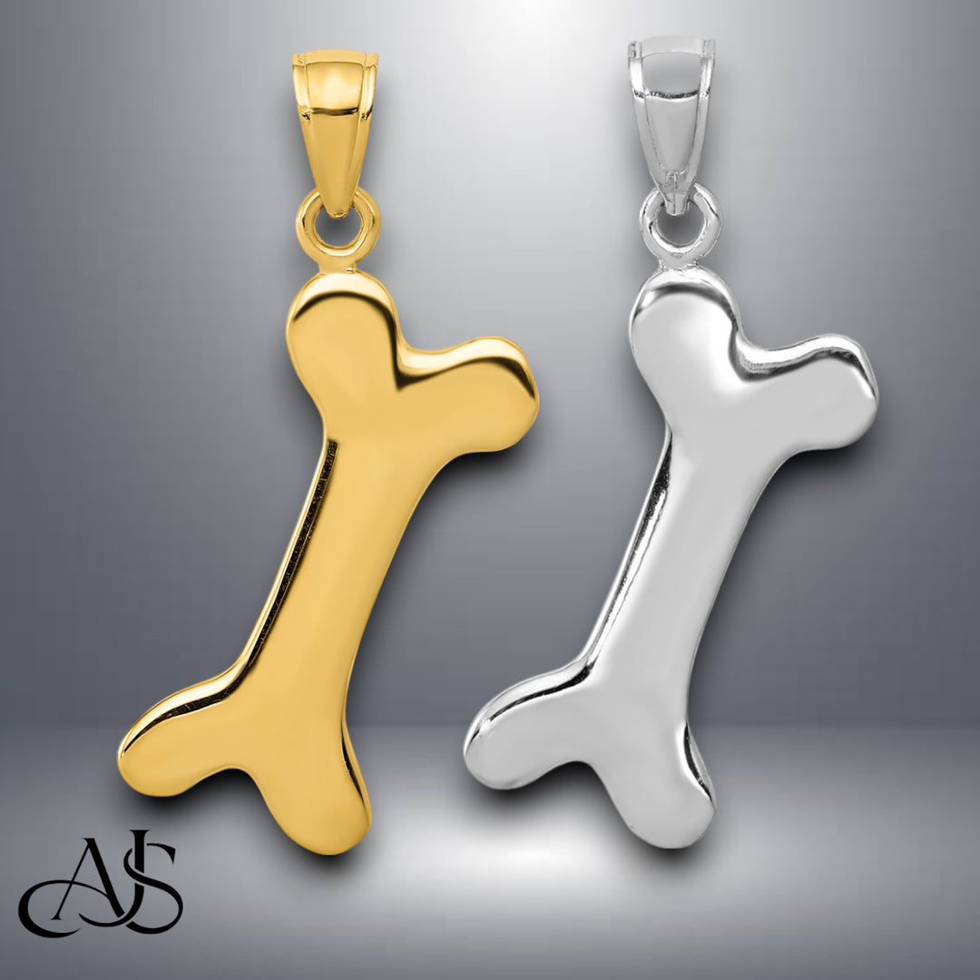 14K Yellow Gold or White Gold Solid Polished Dog Bone Charm with Necklace Chain Options