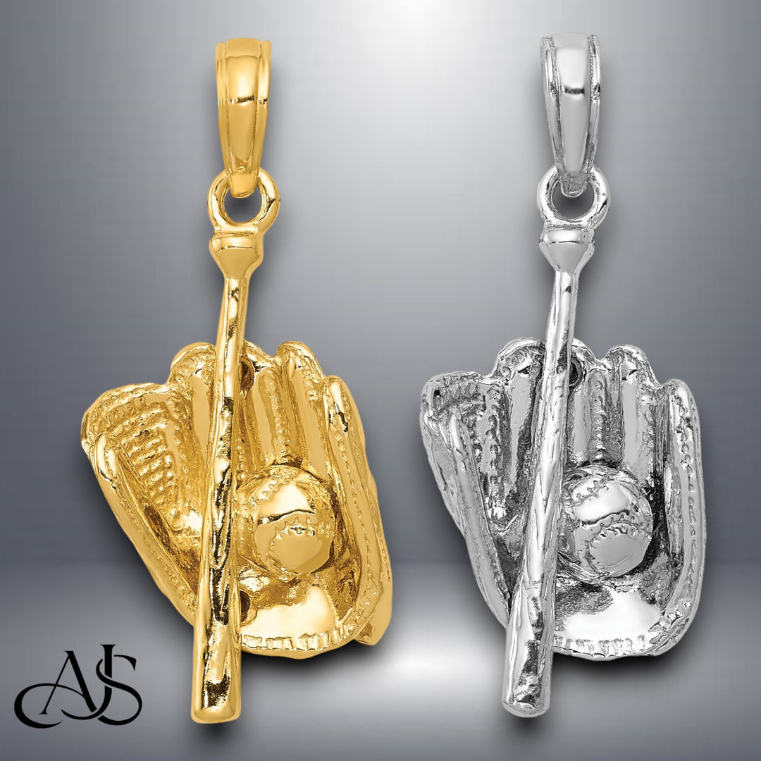 14K Yellow Gold or White Gold Polished 3-D Glove/Bat/Baseball Pendant with Necklace Chain Options