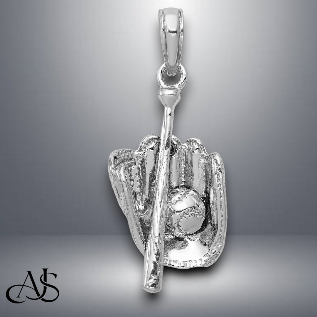 14K Yellow Gold or White Gold Polished 3-D Glove/Bat/Baseball Pendant with Necklace Chain Options