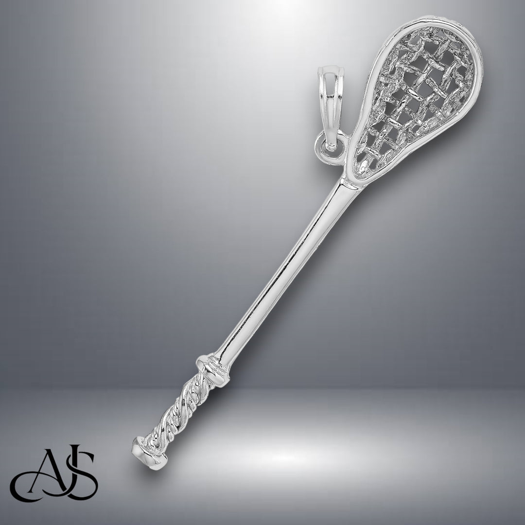 14K Yellow Gold or White Gold Solid Polished 3-D Lacrosse Stick Pendant with Necklace Chain Options