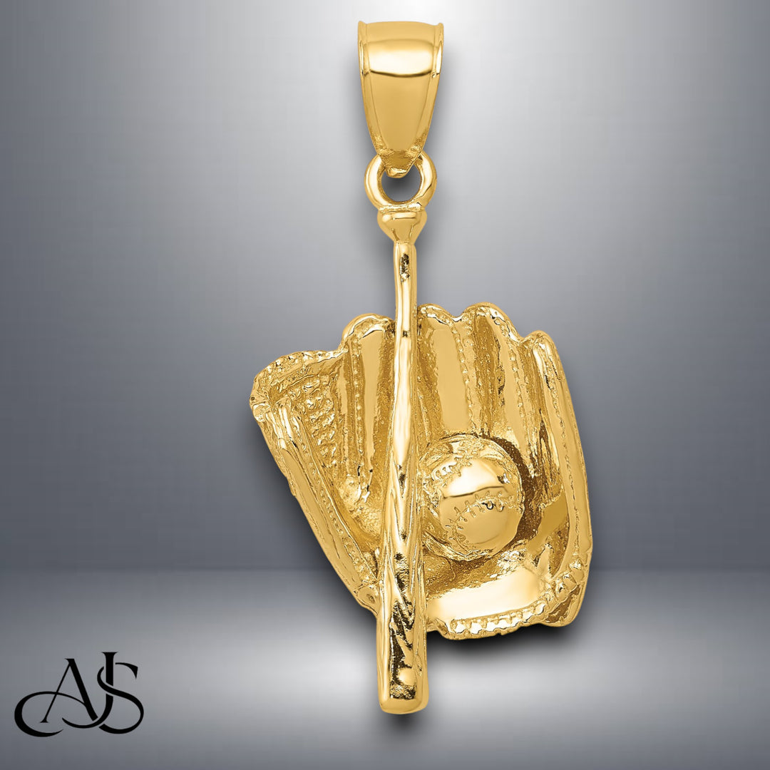 14K Yellow Gold Polished 3-D Glove/Bat/Baseball Pendant with Necklace Chain Options
