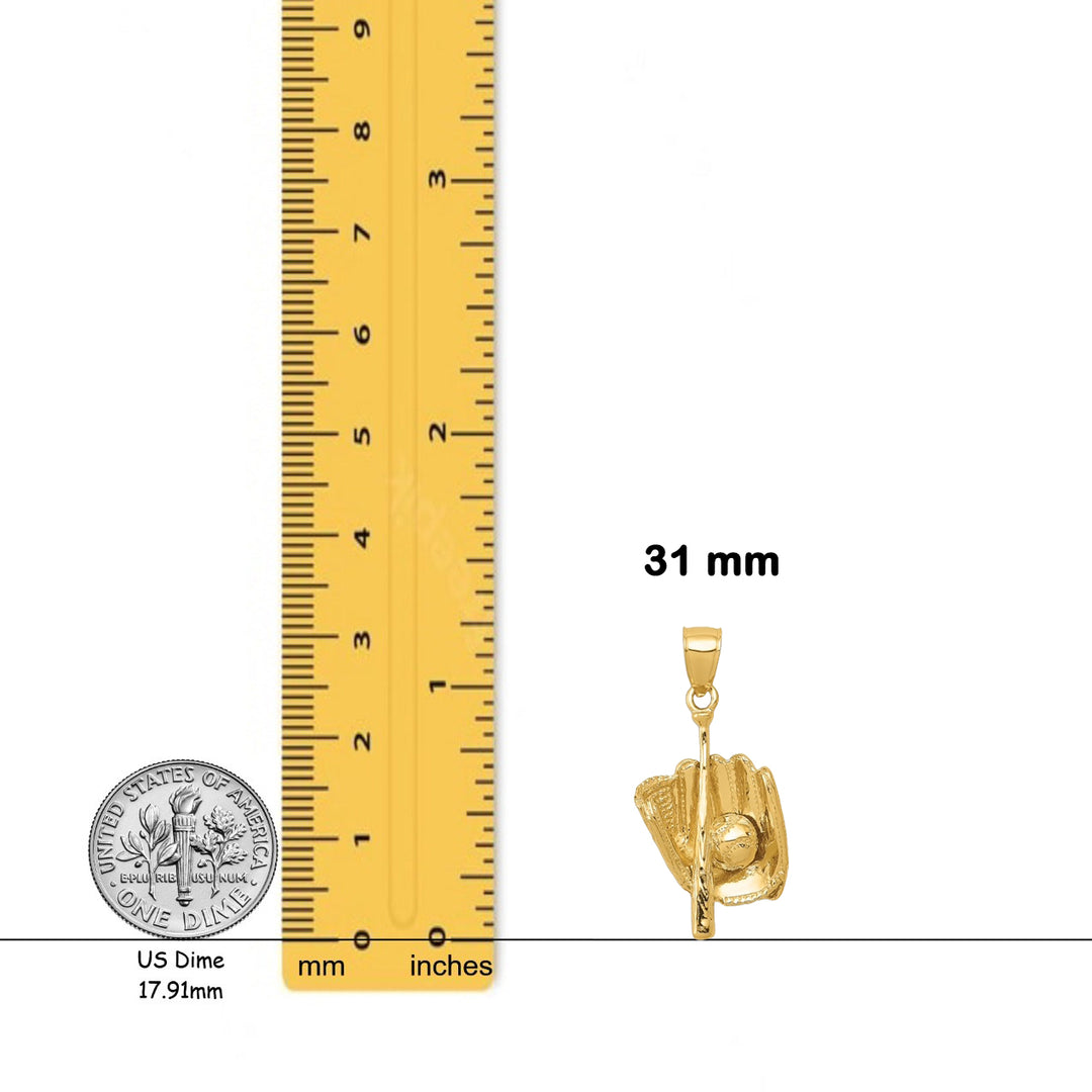 14K Yellow Gold Polished 3-D Glove/Bat/Baseball Pendant with Necklace Chain Options