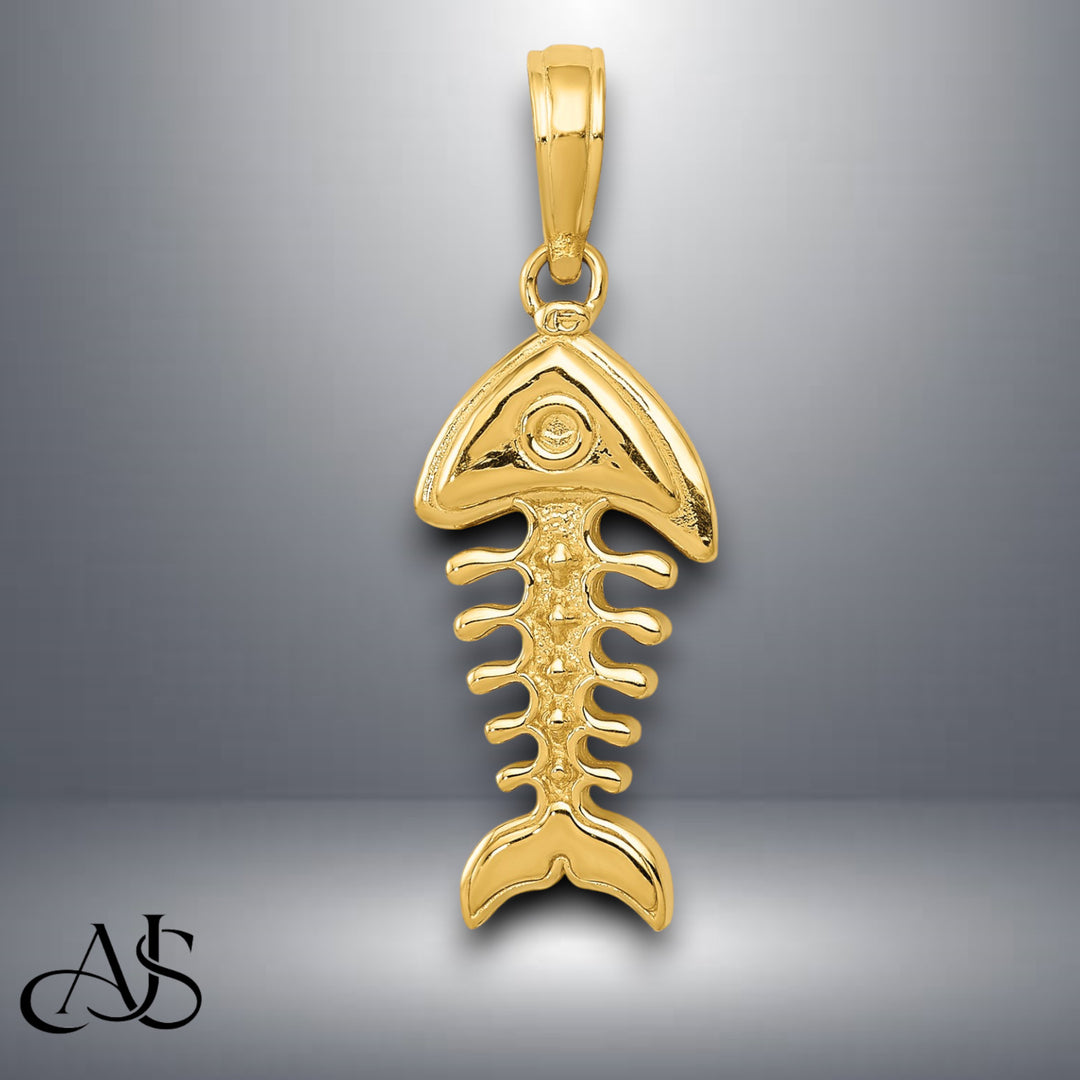 14K Yellow Gold Polished 3-D Fish Bone Pendant with Necklace Chain Options