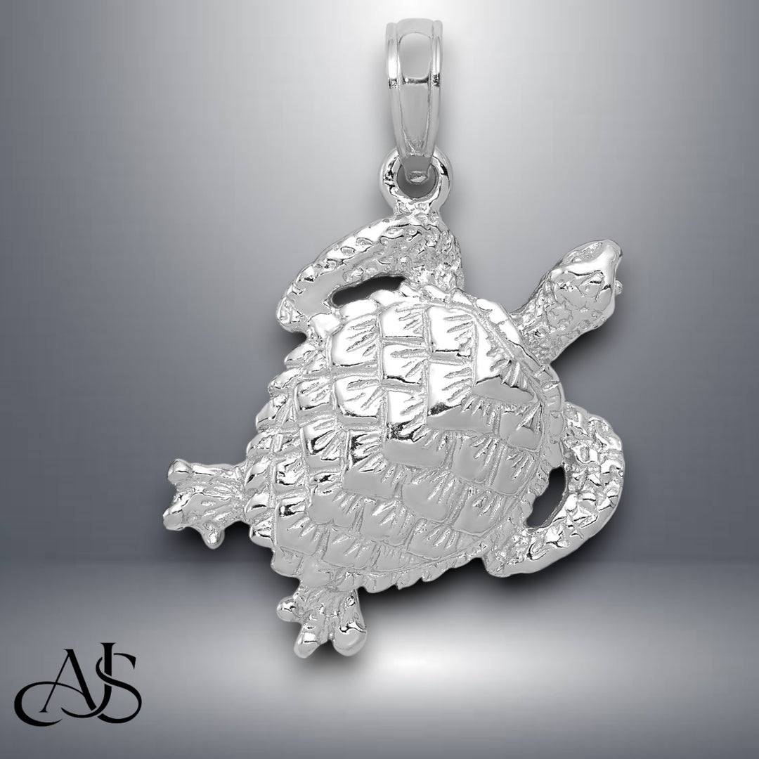 14K Yellow Gold or White Gold Solid Polished Open-Backed Turtle Pendant with Necklace Chain Options