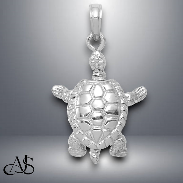 14K Yellow Gold or White Gold Solid Polished 3-D Moveable Turtle Pendant with Necklace Chain Options