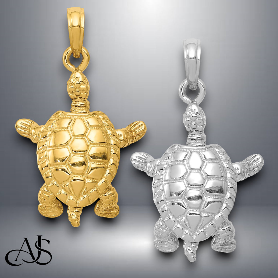 14K Yellow Gold or White Gold Solid Polished 3-D Moveable Turtle Pendant with Necklace Chain Options