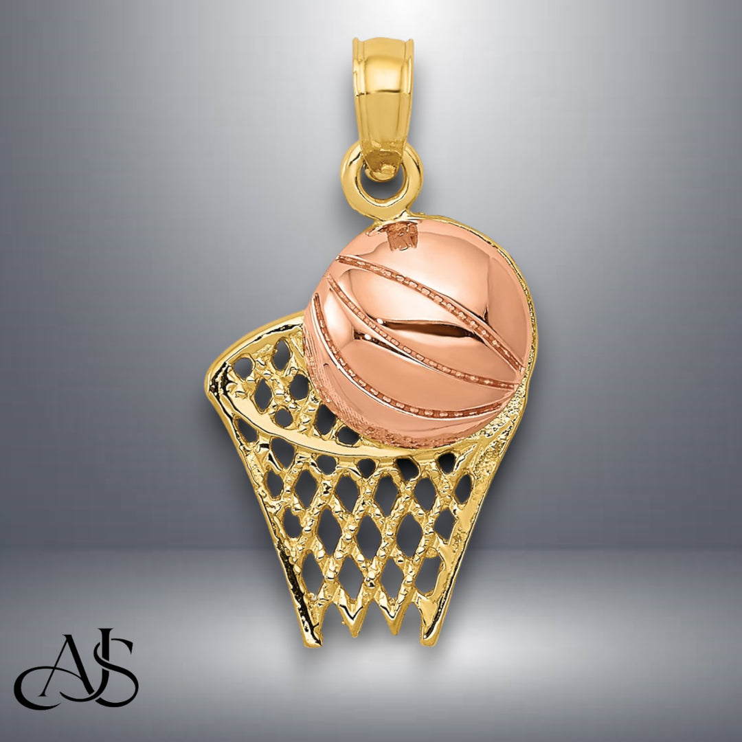 14K Two-tone Gold Basketball Hoop with Ball Pendant with Necklace Chain Options