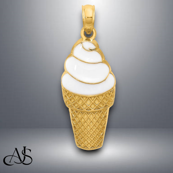 14K Yellow Gold Enameled Ice Cream Cone Pendant with Necklace Chain Options
