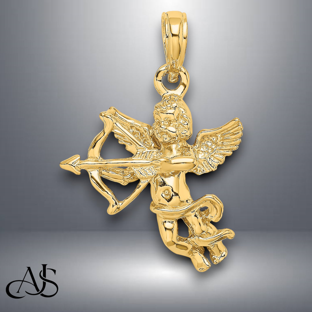 14K Yellow Gold Cupid w/Bow and Arrow Charm with Necklace Chain Options