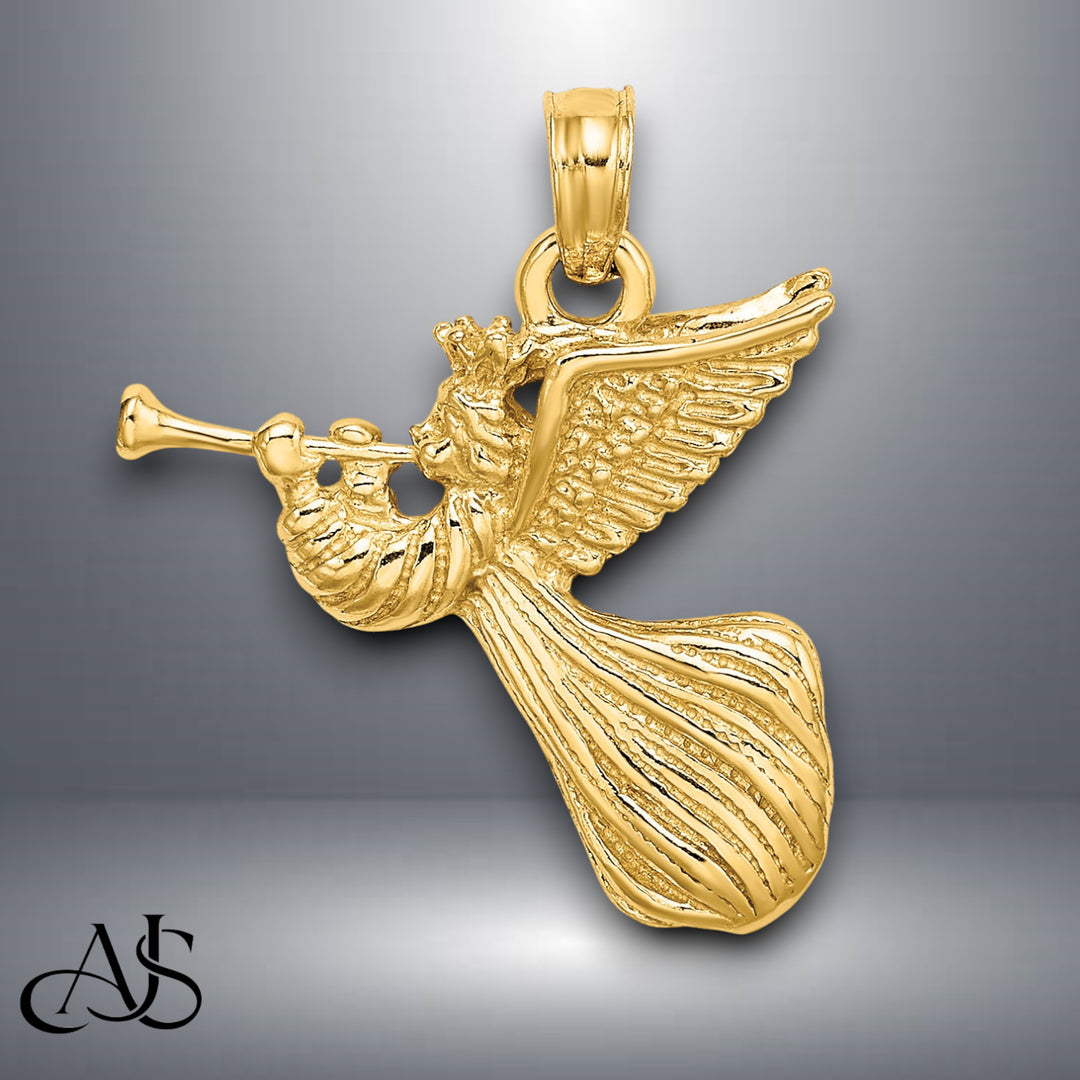 14K Yellow Gold Angel w/ Trumpet Charm with Necklace Chain Options