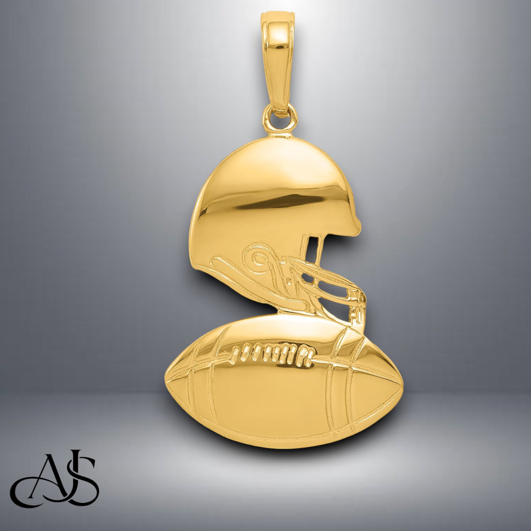 14K Yellow Gold Polished Football and Helmet Pendant with Necklace Chain Options