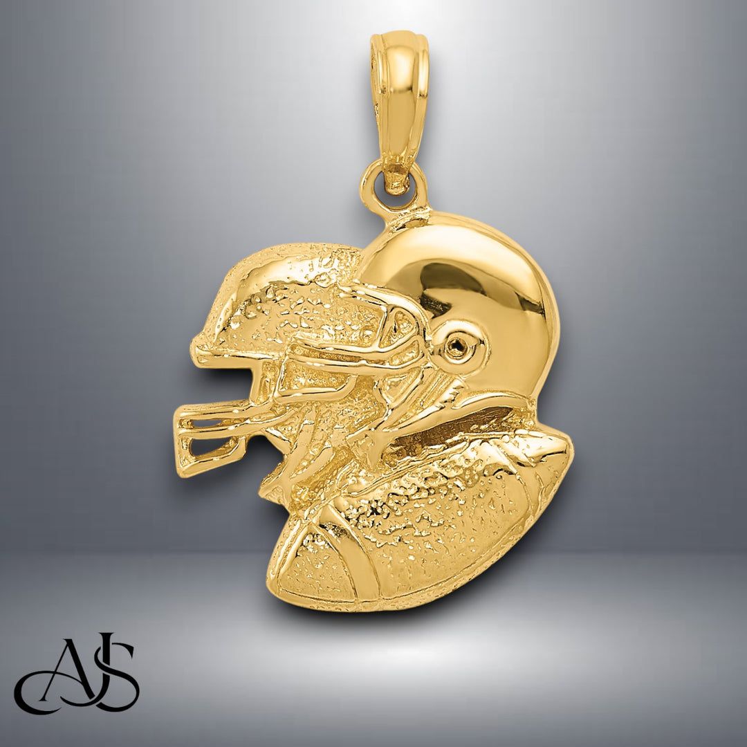 14K Yellow Gold 2-D Double Football Helmets and Ball Charm with Necklace Chain Options