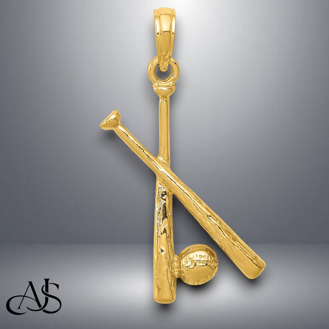 14K Yellow Gold or White Gold Polished Open-Backed Bats and Baseball Pendant with Necklace Chain Options