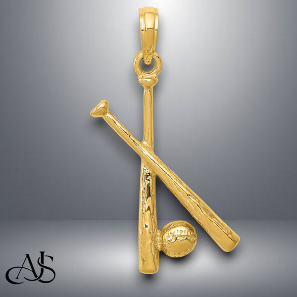 14K Yellow Gold or White Gold Polished Open-Backed Bats and Baseball Pendant with Necklace Chain Options