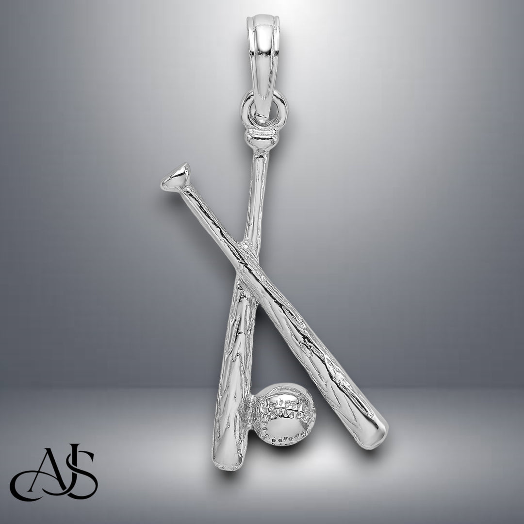 14K Yellow Gold or White Gold Polished Open-Backed Bats and Baseball Pendant with Necklace Chain Options