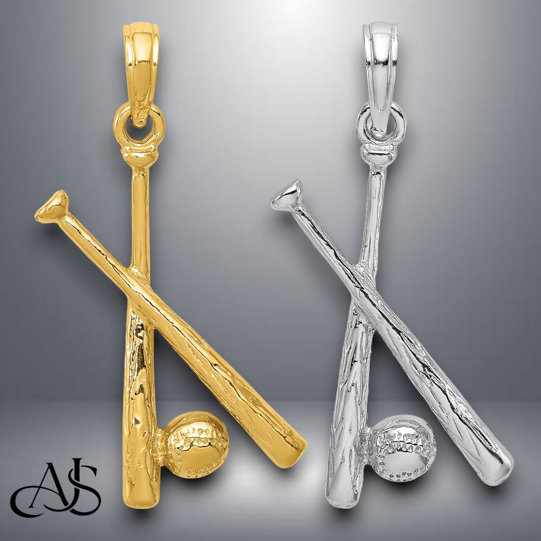 14K Yellow Gold or White Gold Polished Open-Backed Bats and Baseball Pendant with Necklace Chain Options