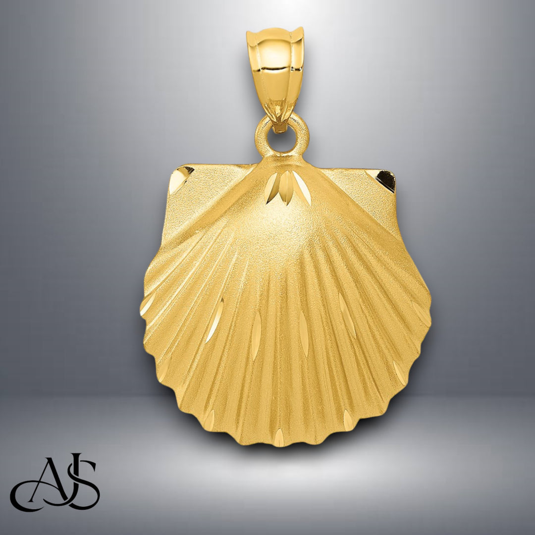 14K Yellow Gold Diamond cut Seashell Pendant with Necklace Chain Options