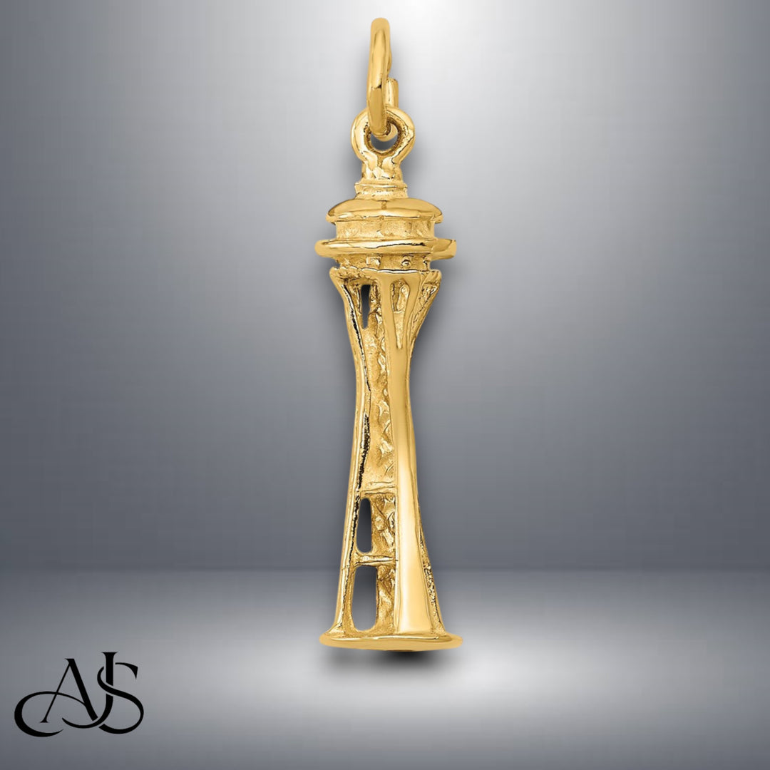 14K Yellow Gold 3D Space Needle Charm with Necklace Chain Options