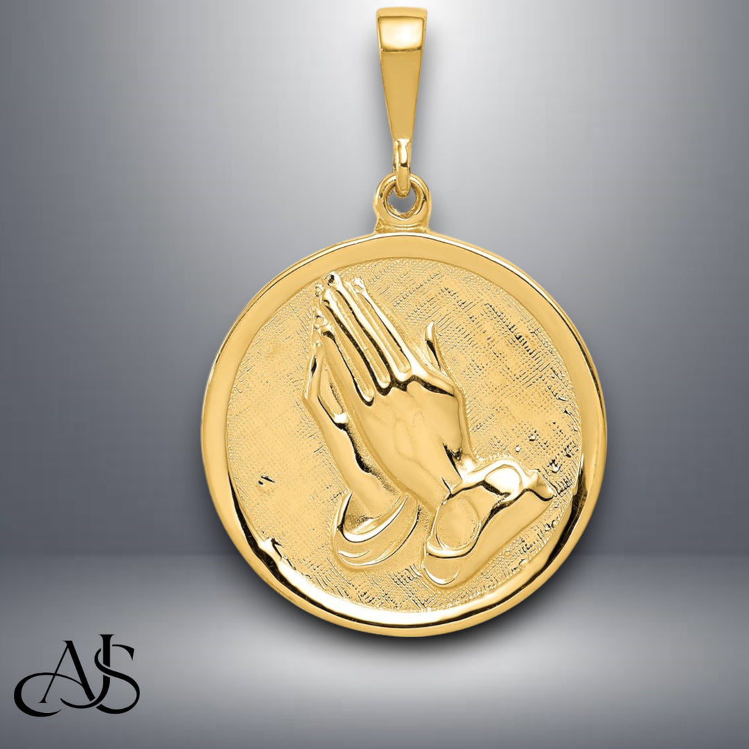 14K Yellow Gold Praying Hands and Serenity Prayer Pendant with Necklace Chain Options