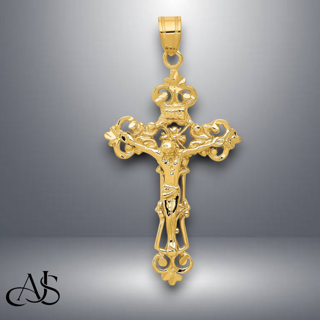 14K Yellow Gold INRI Fleur De Lis Crucifix Pendant with Necklace Chain Options