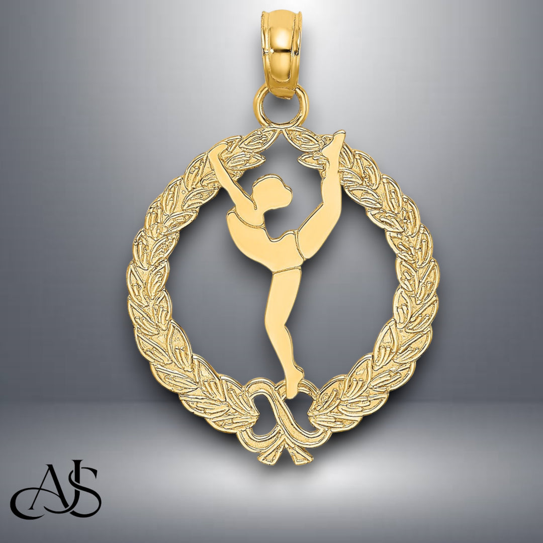 14K Yellow Gold Solid Polished Framed Gymnast Charm with Necklace Chain Options