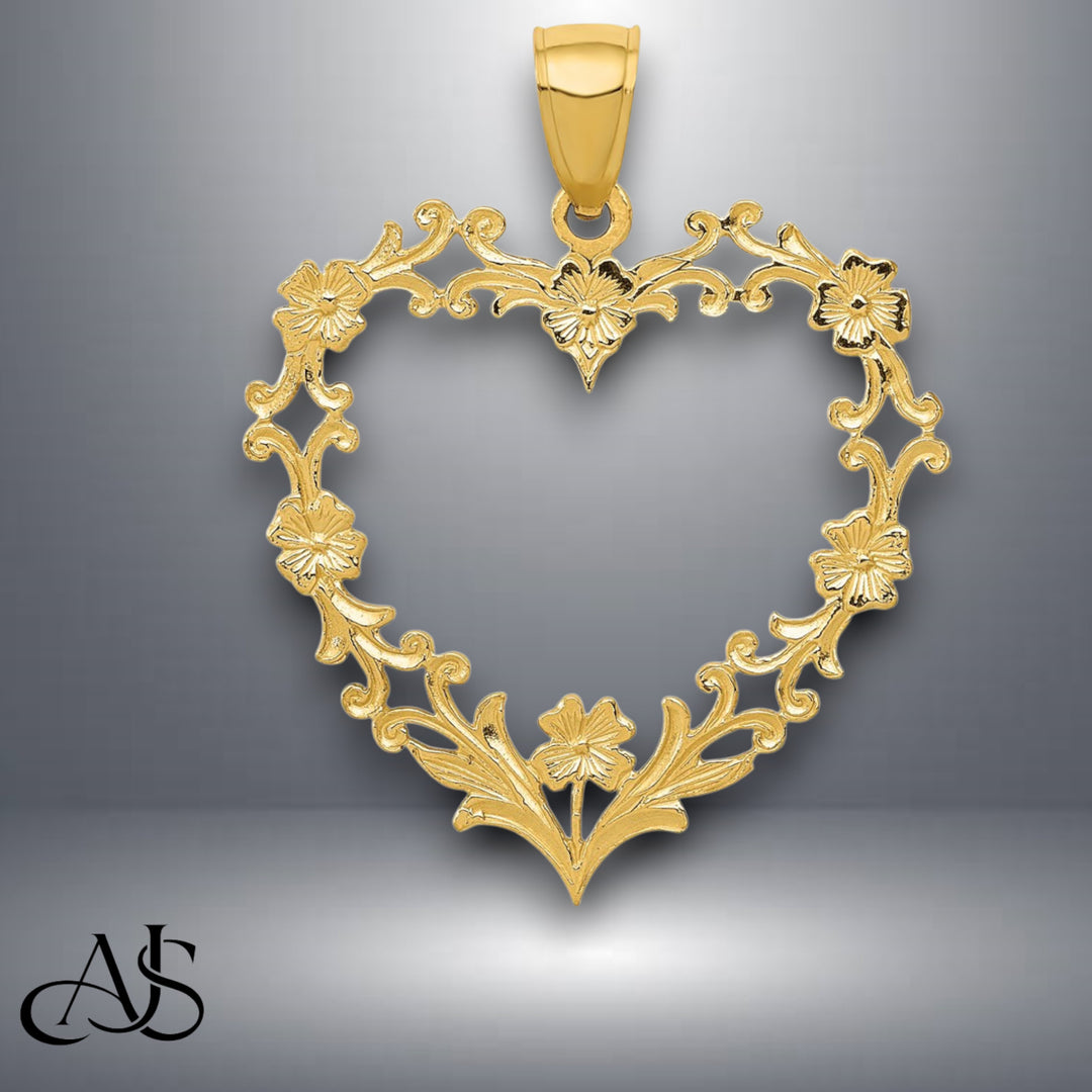 14K Yellow Gold Polished Floral Border Heart Pendant with Necklace Chain Options