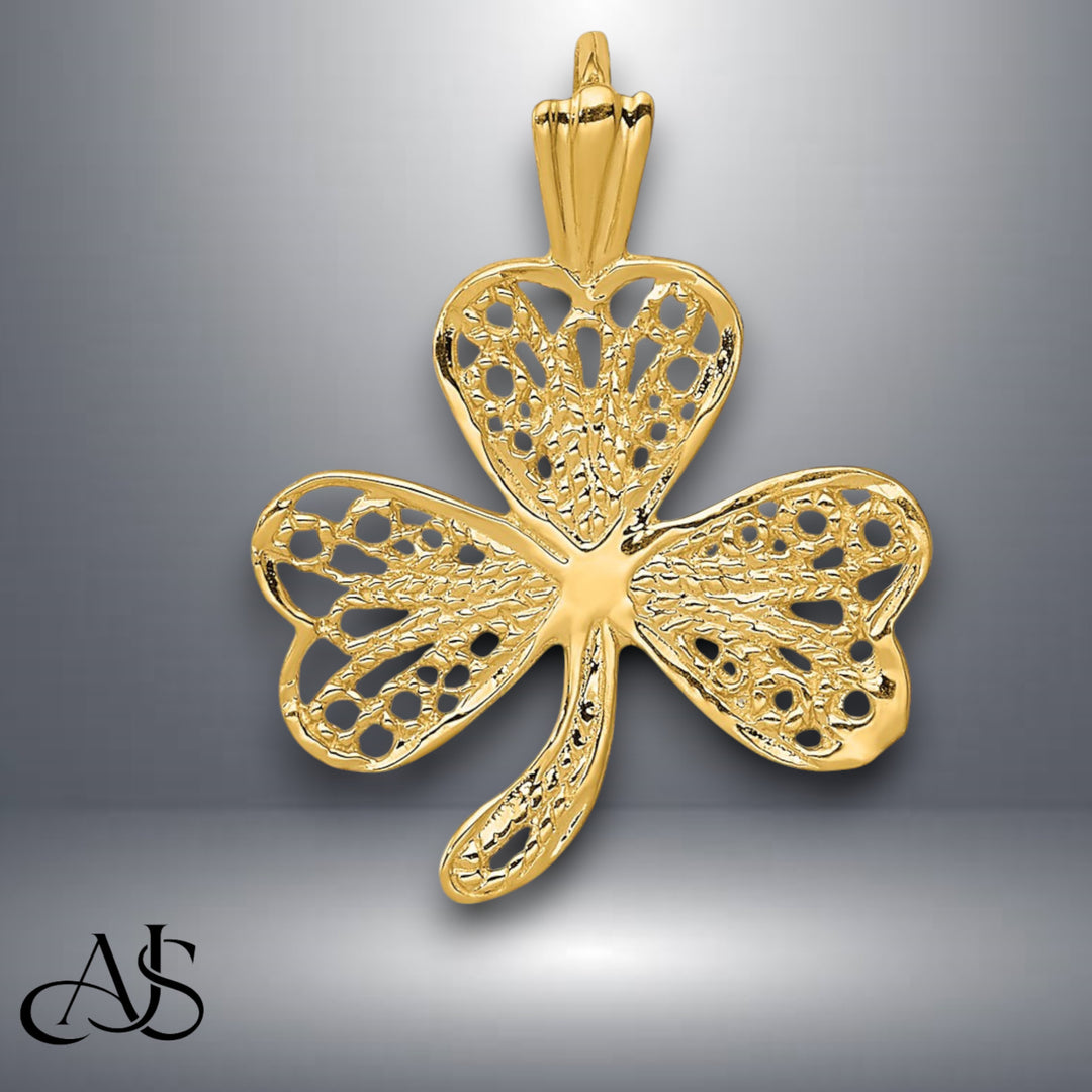 14K Yellow Gold Filigree Shamrock Charm with Necklace Chain Options