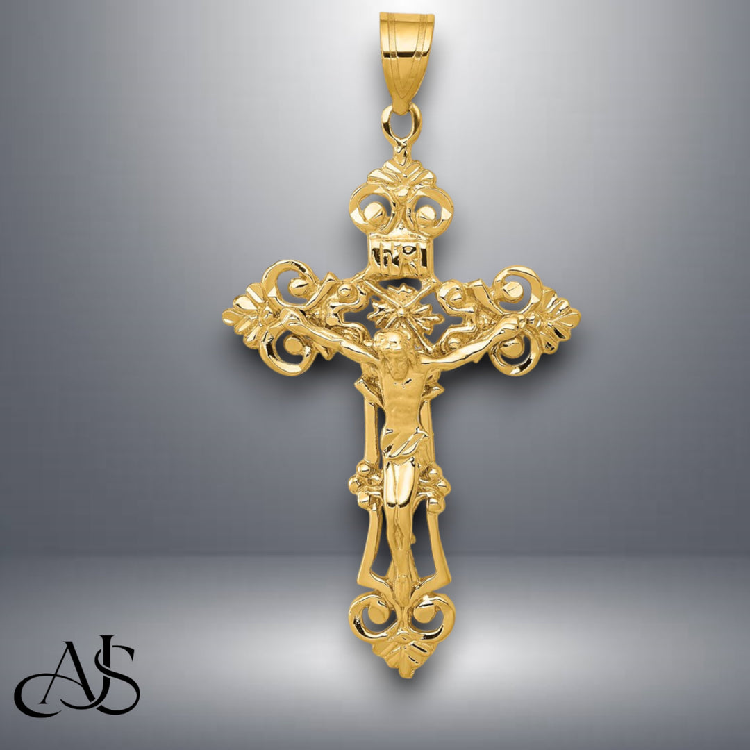 14K Yellow Gold INRI Fleur De Lis Crucifix Open Back Pendant with Necklace Chain Options