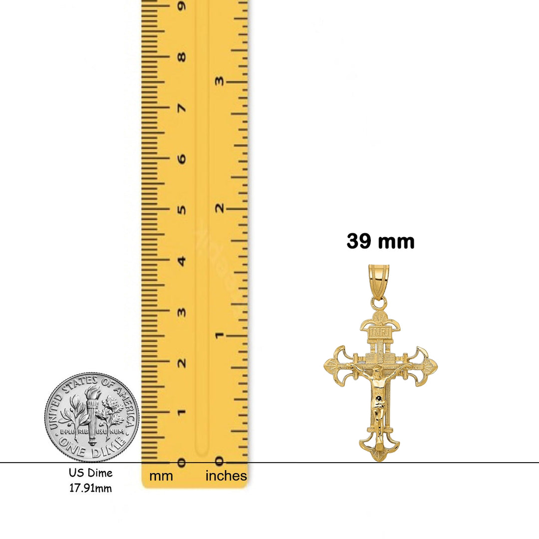 14K Yellow Gold INRI Fleur De Lis Crucifix Charm with Necklace Chain Options