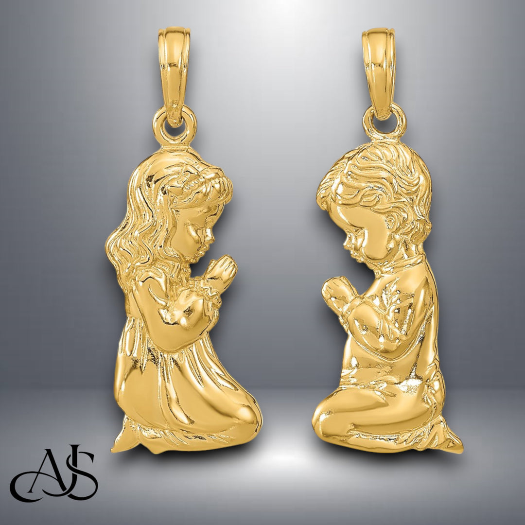 14K Yellow Gold Praying Girl or Boy Pendant with Necklace Chain Options