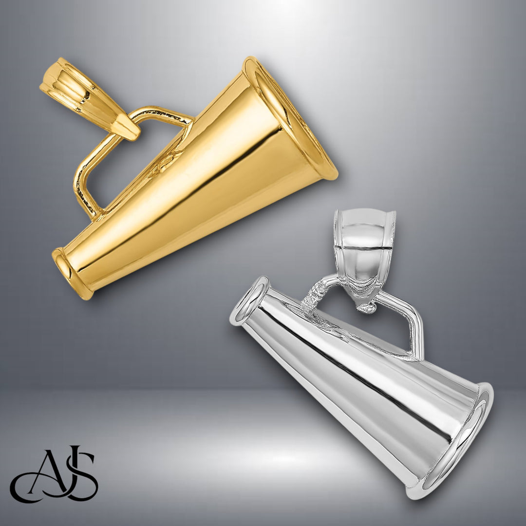 14K Yellow or White Gold Polished 3-D Small Megaphone Pendant with Necklace Chain Options