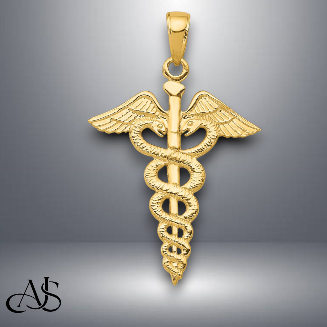 14K Yellow or White Gold Caduceus Pendant with Necklace Chain Options
