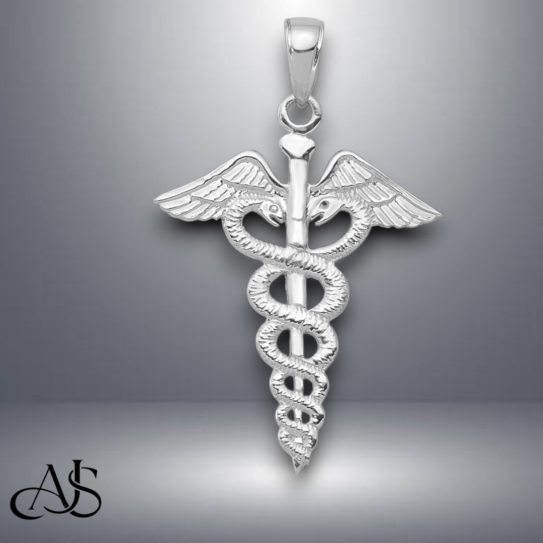 14K Yellow or White Gold Caduceus Pendant with Necklace Chain Options