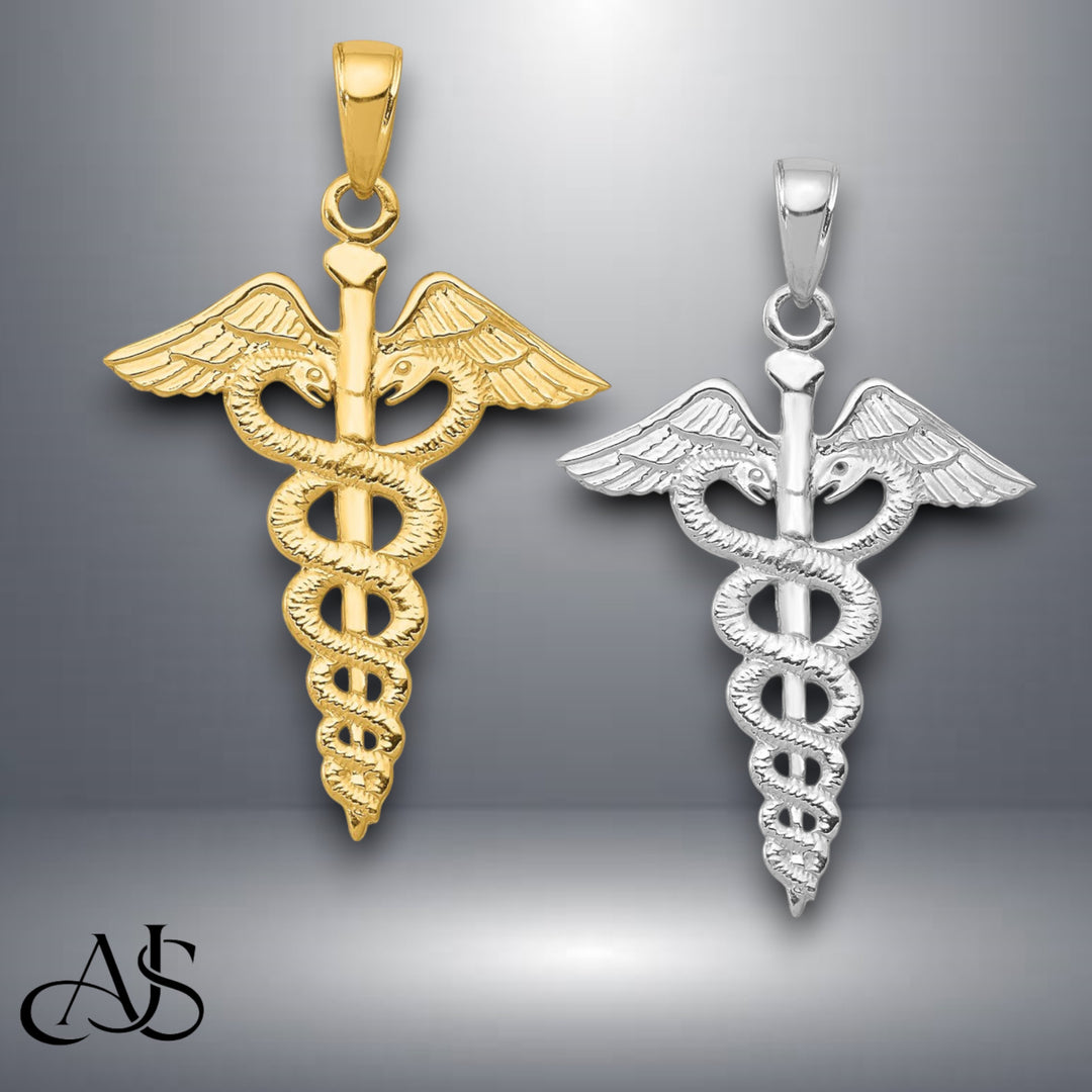 14K Yellow or White Gold Caduceus Pendant with Necklace Chain Options