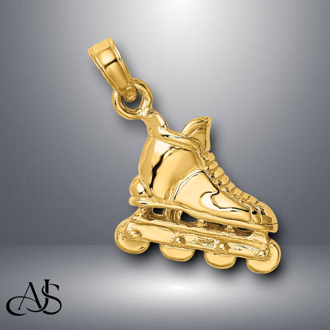 14K Yellow Gold Solid Polished 3-D Rollerblade Charm with Necklace Chain Options