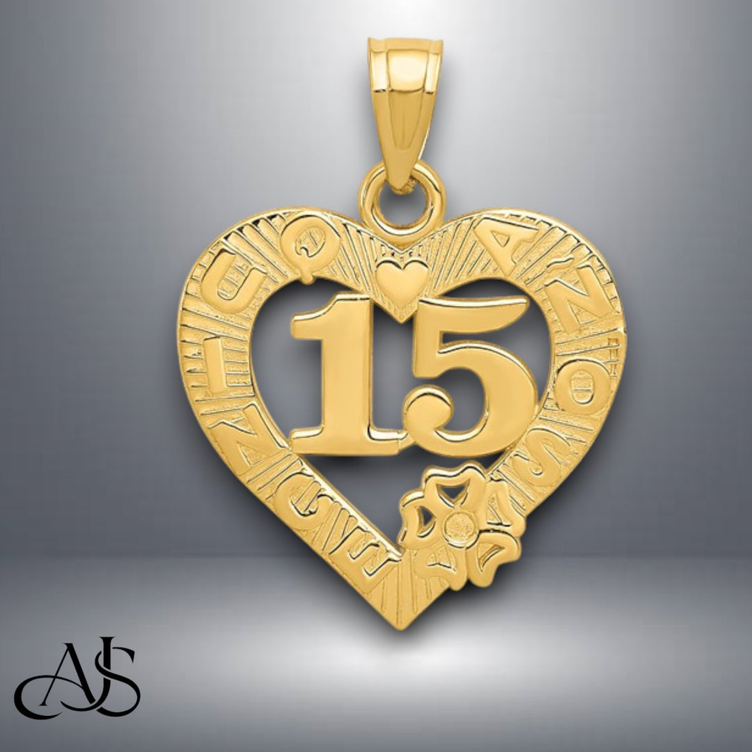 14K Yellow Gold 15 in QUINCE ANOS Heart Frame Pendant with Necklace Chain Options