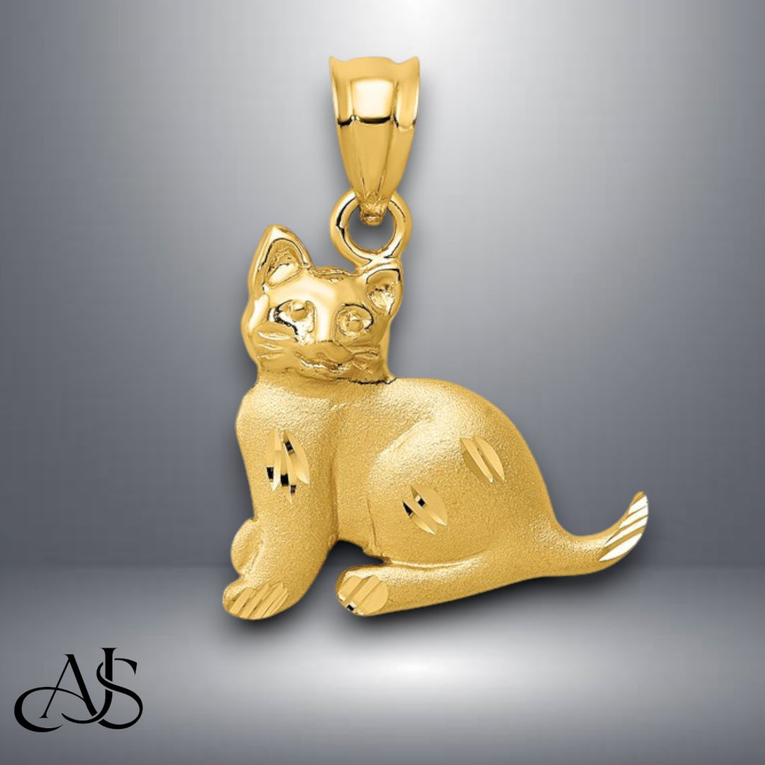 14K Yellow Gold Cat Charm with Necklace Chain Options