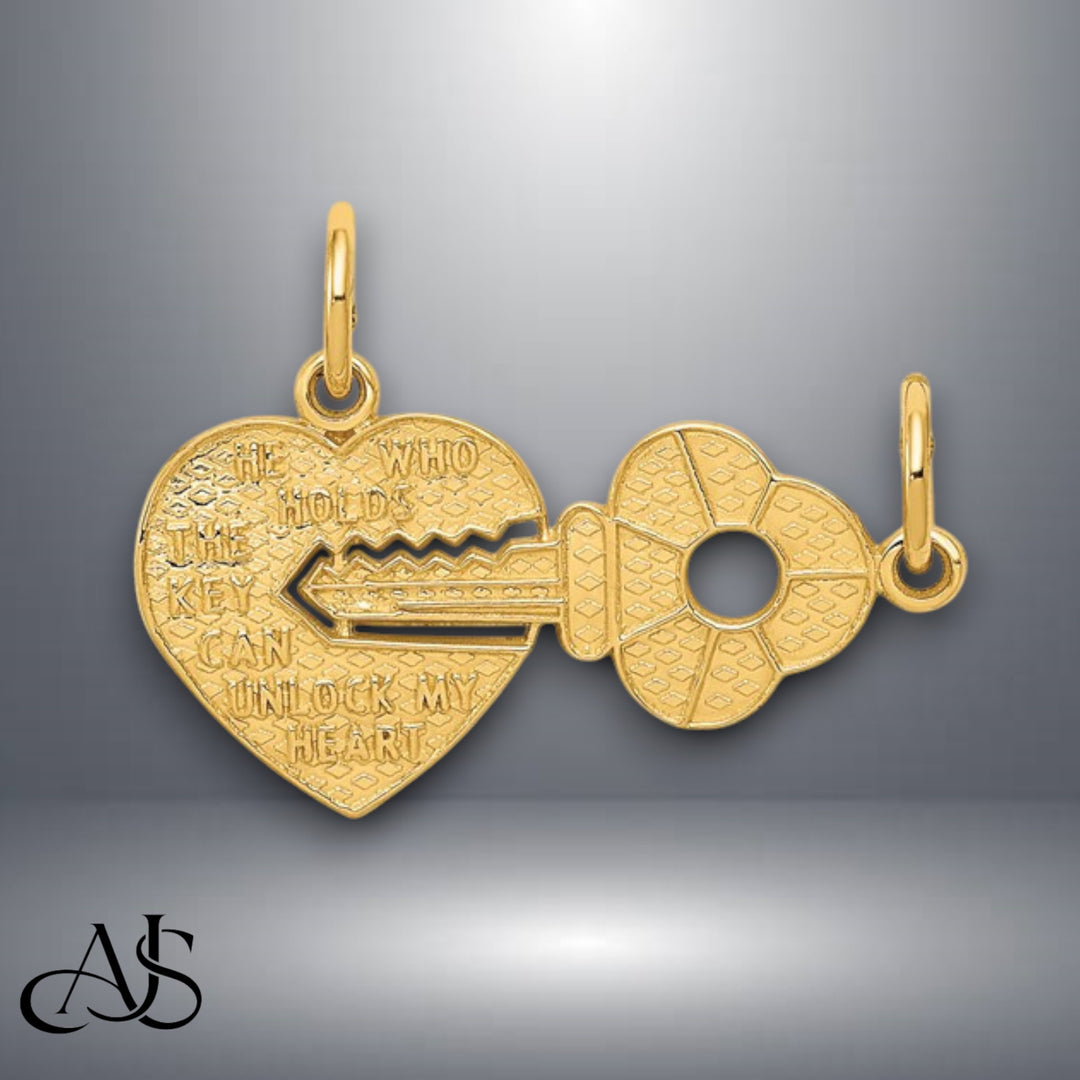 14K Yellow Gold Heart and Key Break Apart Charm with Necklace Chain Options