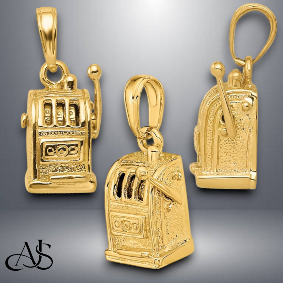 14K Yellow Gold 3-D Moveable Slot Machine Pendant with Necklace Chain Options