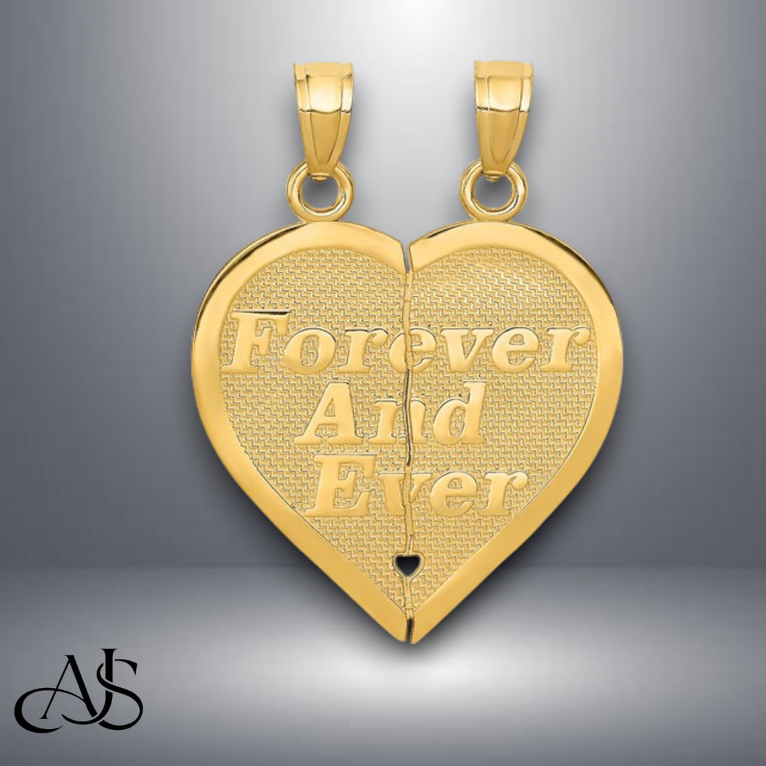 14K Yellow Gold Reversible FOREVER AND EVER Break-apart Heart Pendant with Necklace Chain Options