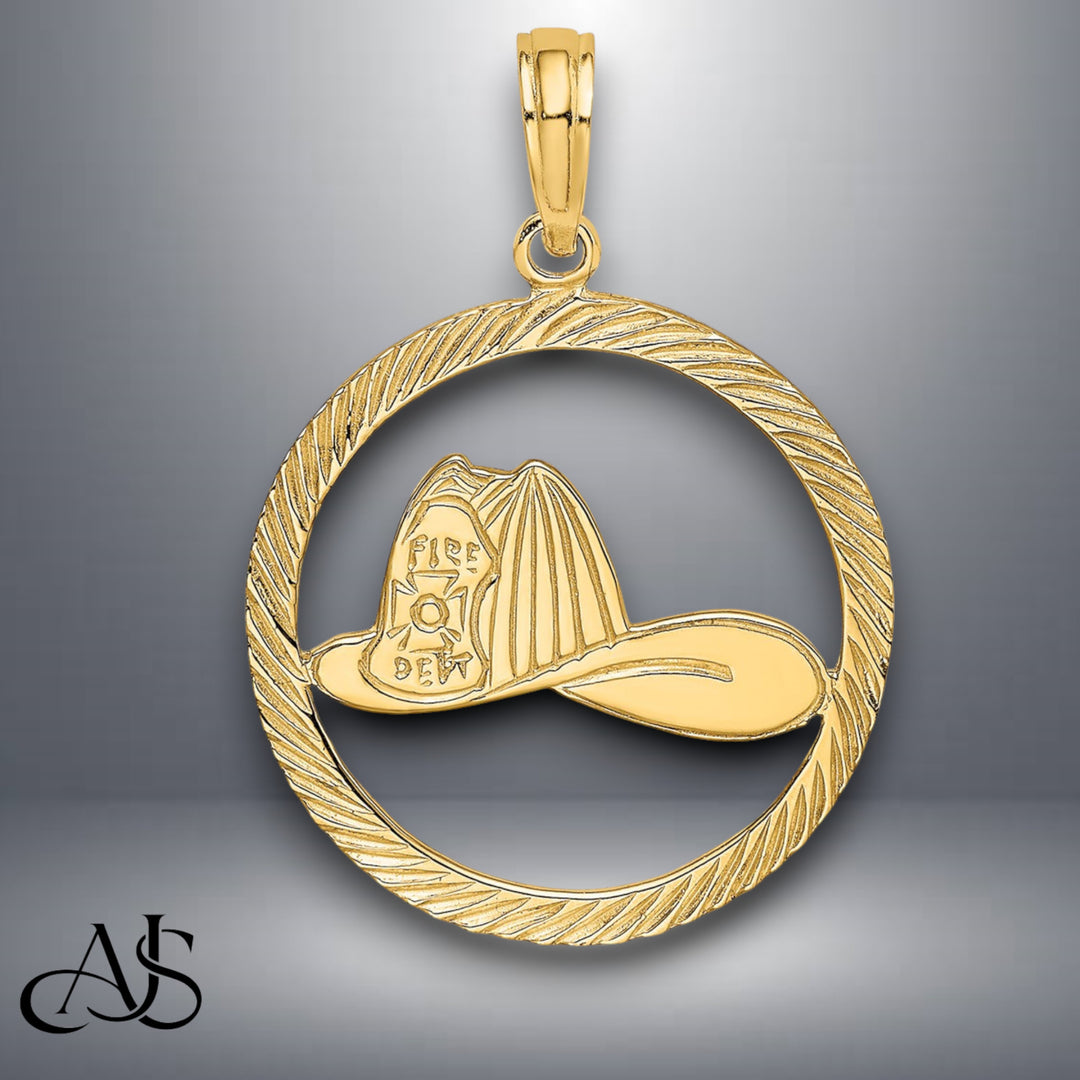 14K Yellow Gold Fireman Helmet in Disk Charm with Necklace Chain Options