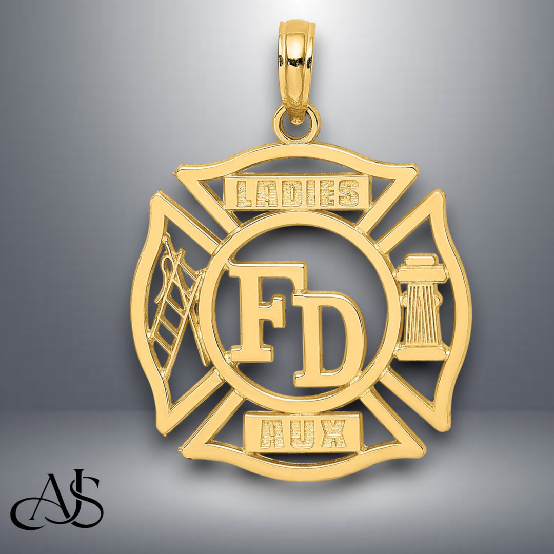 14K Yellow Gold FD LADIES AUX in Shield Charm with Necklace Chain Options