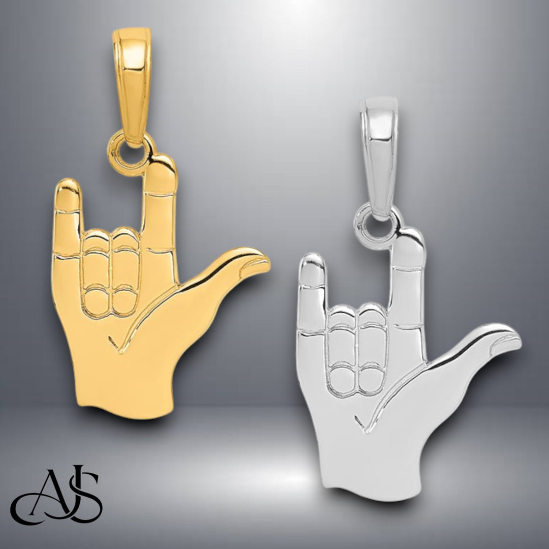 14K Yellow Gold or White Gold I Love You Hand/ Sign Language Pendant with Necklace Chain Options